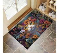 GDJSMIN Tapis De Porte Lavable Thème Animalier Fleuri,Motif Chat Tigré Mignon Tapis De Porte Avant Intérieur pour La Cuisine, Le Jardin, L'Entrée du Hall 60 X 90 Cm,Orange