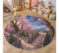 GDJSMIN Tapis De Salon Anime Esthétique Japonais Fleurs Cerisier Escalier d'un Bâtiment Ancien Lavé, Antidérapant Et Doux, Rond Tapis pour Salon,Entree Interieur, Chambre, Couloir,Rose, 200Cm