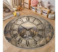 GDJSMIN Tapis De Salon Rond 120Cm Tapis De Chambre Style Rétro Et Nostalgiquepoil Court Doux Decoratif Horloge Murale Ancienne Antidérapant Lavable pour Salon, Chambre, Salle A Manger