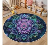 GDJSMIN Tapis De Salon Rond À Poils Courts 100Cm Tapis De Sol Décoratif Doux Et Confortable Mandala Psychédélique Antidérapant pour Salon Chambre, Violet