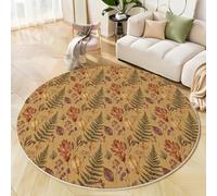 GDJSMIN Tapis De Salon Rond À Poils Courts 160Cm Tapis De Sol Décoration Modèle De Plante Doux Descente De Lit Feuilles d'automne Feuilles Fougère Verte Antidérapant pour Chambre, Orange Brûlé