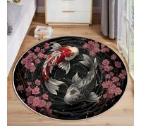 GDJSMIN Tapis De Salon Rond À Poils Courts 180Cm Tapis De Sol Décoratif Doux Et Confortable Poisson Koi Yin-Yang Fleurs De Cerisier Antidérapant pour Salon Chambre, Rouge