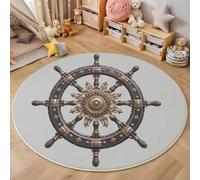 GDJSMIN Tapis De Salon Rond À Poils Courts 60Cm Tapis De Sol Décoratif Doux Et Confortable Diagramme De Roue De Navire en Bois Antidérapant pour Salon Chambre, Bleu Foncé