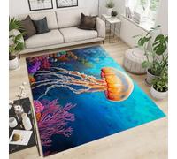 GDJSMIN Tapis De Sol Moderne-Paysage Océanique Naturel Lavable Tapis Imprimé À Poils Courts-Méduses Motif De Récif Corallien-Doux Moquette pour Chambre Antidérapant-Moquette Salon Bleu Ciel-180×270Cm