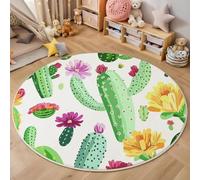 GDJSMIN Tapis de Zone Ronde Cactus Vert Sauge pour Salon, Chambre à Coucher - Aquarelle Lavable Sol Doux et Confortable Tapis,(Taille : Diamètre 80cm)