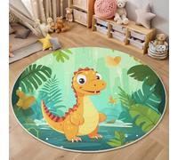 GDJSMIN Tapis de Zone Ronde Dinosaure Mignon De La Jungle Vert Forêt pour Salon, Chambre à Coucher - Style Dessin Animé Lavable Sol Doux et Confortable Tapis,(Taille : Diamètre 100cm)