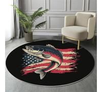 GDJSMIN Tapis De Zone Ronde Drapeau Américain Poisson Noir Anthracite pour Salon, Chambre À Coucher - Illustration Vintage Lavable Sol Doux Et Confortable Tapis,(Taille : Diamètre 140Cm)