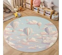 GDJSMIN Tapis de Zone Ronde du Ciel Bleu Rose pour Salon, Chambre à Coucher - Illustration De Montgolfière sur Le Thème De La Fantaisie Lavable Sol Doux et Confortable Tapis,(Taille : Diamètre 160cm)