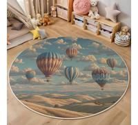 GDJSMIN Tapis de Zone Ronde Illustration De Montgolfière Bleu Clair pour Salon, Chambre à Coucher - Scène Naturelle De Prairie Lavable Sol Doux et Confortable Tapis,(Taille : Diamètre 120cm)
