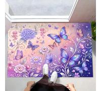 GDJSMIN Tapis Entree Interieur 50 X 80 Cm Papillon Fleur, Paillasson Interieur Entree Fleurs du Ciel Étoilé Rêve, Tapis De Sol Absorbant Lavable Antidérapant, Paillasson Fin pour Couloir,Violet Clair