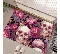 GDJSMIN Tapis Entree Interieur, Paillasson Lavable en Machine, Motif Tête Mort Pivoine, Thème Étrange, À Poils Courts, Antidérapant Et Doux, Idéal pour Couloir, Entrée Ou Cuisine, Rose, 90 X 150 Cm