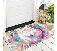 GDJSMIN Tapis Loup Blanc Décorations Plumes 50 X 80 Cm en Fausse Laine Bleu Poudre pour Salle De Bain Cuisine, Petit Paillasson D'Entrée D'Intérieur, Bohême, Tapis De Sol Antidérapant Lavable