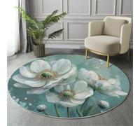 GDJSMIN Tapis Rond Ø 120 cm Lavable Machine, Moquette Antidérapante Poil Bas Plantes Et Fleurs, Fleurs Blanches Feuilles Vertes Doux pour Salon, Chambre, Cuisine, Nursery, Bureau,Vert Menthe
