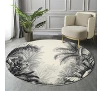 GDJSMIN Tapis Rond Ø 120 cm Poil Ras Douce Tapis Circulaire Salon Chambre Feuilles Palmier Feuilles Fougère Antidérapant Lavable Tapis de Sol Tapis de Décoration(Noir Jungle Dense)
