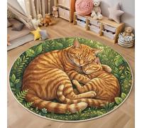 GDJSMIN Tapis Rond 160Cm Lavable Machine, Moquette Antidérapante Poil Bas Illustrations De Forêt, Chatte Orange Ses Petits Fougères Doux pour Salon, Chambre, Cuisine, Nursery, Bureau,Vert Émeraude