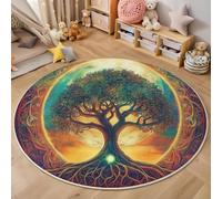 GDJSMIN Tapis Rond 180cm Jaune de Salon Lavable en Machine Tapis Chambre Adulte Doux Lune Motif Grands Arbres Descente de Lit AntidéRapant Decoration Chambrel Mangerded