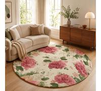 GDJSMIN Tapis Rond 60Cm Lavable Machine,Poudre Blush Moquette Antidérapante Poil Bas Fleurs du Jardin,Imprimé Rose Et Pivoine Doux pour Salon, Chambre, Cuisine, Nursery, Bureau