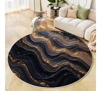 GDJSMIN Tapis Rond Art Abstrait du Marbre Doux Et Antidérapant - Lavable en Machine - Motif Vague en Feuille d'or - pour Salon, Chambre À Coucher, Salle De Bain - Or - 140Cm