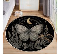 GDJSMIN Tapis Rond Art Céleste - Lavable en Machine - Éléments Végétaux La Lune Papillon - pour Salon, Chambre À Coucher, Salle De Bain - - Noir - 200Cm