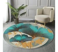 GDJSMIN Tapis Rond Cyan Ø 80 cm, Tapis de Sol Circulaire Feuilles Ginkgo Dorées Antidérapant Doux,Gammes Plantes Luxe Décoration pour Salon Chambre Cuisine et Salle à Manger Zone d’étude
