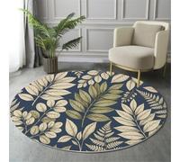 GDJSMIN Tapis Rond de Salon à Poils Courts Ø 120 cm, Tapis de Sol décoratif Plantes Vertes Rétro Françaises,Doux Descente de lit avec Fougères Branches Fines,antidérapant pour Chambre,Bleu Marine