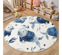 GDJSMIN Tapis Rond Éléments D'Algues Morse À L'Aquarelle 160Cm, Lavable en Machine pour Salon, Dos Antidérapant | Tapis Thème Océan Ludique pour Chambre À Coucher Et Chambre d'enfant, Bleu Marine