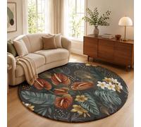 GDJSMIN Tapis Rond Jaune Moutarde Ø 80 cm, Tapis de Sol Circulaire Feuilles D'Anthurium Et Monstera Antidérapant Doux,Plantes Tropicales Luxe Décoration pour Salon Chambre Cuisine