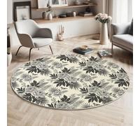 GDJSMIN Tapis Rond Lavable en Machine, Modèle De Plante Interieur Anti Slip Chambre À Coucher Salon Tapis D'Entrée Absorbant Antidérapant (Pivoine Feuilles Palmier,160Cm)