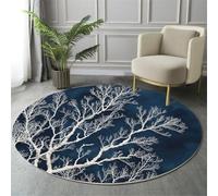 GDJSMIN Tapis Rond Salon Tapis Poil Ras Bleu Foncé Moelleux Lavable Moquette De Sol Antidérapant Cyanotype Branches De Corail Blanc,Ø 140Cm