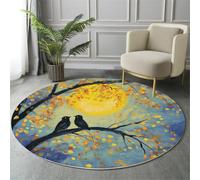 GDJSMIN Tapis Rond Salon Tapis Poil Ras Jaune Moelleux Lavable Moquette de Sol antidérapant Éléments Naturels Branches D'Arbres Silhouettes d'oiseaux,ø 140cm
