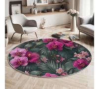 GDJSMIN Tapis Rond Salon Tapis Poil Ras Vert Foncé Moelleux Lavable Moquette de Sol antidérapant Illustrations Fleurs Tropicales Motifs D'Orchidées Et Feuilles Palmier,ø 180cm