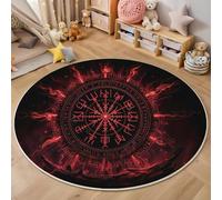 GDJSMIN Tapis Rond Style De Magie Mystique Doux Et Antidérapant - Lavable en Machine - Illustrations De Runes Vikings - pour Salon, Chambre À Coucher, Salle De Bain - Rouge - 80Cm