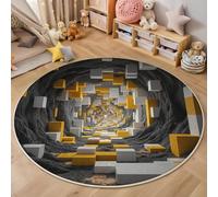 GDJSMIN Tapis Rond Style Géométrique 3D Doux Et Antidérapant - Lavable en Machine - Motif Carré Jaune - pour Salon, Chambre À Coucher, Salle De Bain - Gris Foncé - 60Cm
