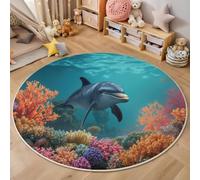GDJSMIN Tapis Rond Un Monde Océanique De Rêve Doux Et Antidérapant - Lavable en Machine - Récifs Coralliens Dauphins Nageant - pour Salon, Chambre À Coucher, Salle De Bain - Bleu Clair - 140Cm