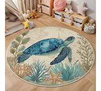 GDJSMIN Tortue Bleue Algues Coralliennes Tapis Rond 60Cm Salon Taupe Rond De Bleu Lavable en Machine Thème Nautique Rétrodescente De Lit Antidérapant pour Salle À Manger Bureau De Cuisine