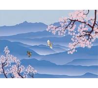 gdkldfg Papier Peint Panoramique Intissé 200cmx140cm Montagnes bleues fleurs roses oiseaux nature zen,Decoration Chambre/Salon,Tapisserie,Poster Murales