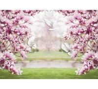 gdkldfg Papier Peint Panoramique Intissé 200cmx140cm Violet fleurs colombes blanches paysage naturel,Decoration Chambre/Salon,Tapisserie,Poster Murales