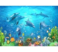 gdkldfg Papier Peint Panoramique Intissé 200x140cm Océan Cartoon Bleu Dauphin Poissons Tropicaux Corail Paysage Naturel,Decoration Chambre/Salon,Tapisserie,Poster Murales