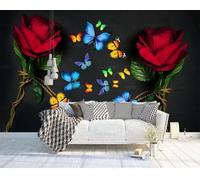 gdkldfg Papier Peint Panoramique Intissé 400cmx256cm Art Rose rouge Papillons,Decoration Chambre/Salon,Tapisserie,Poster Murales