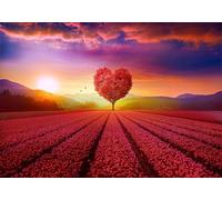 gdkldfg Papier Peint Panoramique Intissé 400x256cm Cœur Rouge Grand Arbre Fleurs Ciel Nuages Paysage Naturel,Decoration Chambre/Salon,Tapisserie,Poster Murales