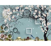 gdkldfg Papier Peint Panoramique Intissé 400x256cm Nature Zen Fleurs Arbre Oiseau Noir Et Blanc,Decoration Chambre/Salon,Tapisserie,Poster Murales