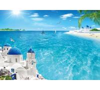 gdkldfg Papier Peint Panoramique Intissé 400x280cm Paysage Naturel Ciel Nuages Mer Palmier Plage Architecture Bleu,Decoration Chambre/Salon,Tapisserie,Poster Murales