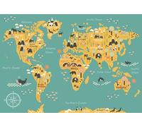 gdkldfg Papier Peint Panoramique Intissé 430cmx300cm Dessin animé animaux carte du monde jaune,Decoration Chambre/Salon,Tapisserie,Poster Murales