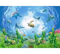gdkldfg Papier Peint Panoramique Intissé 430x300cm Océan Cartoon Bleu Dauphin Animaux Plantes Paysage Naturel,Decoration Chambre/Salon,Tapisserie,Poster Murales