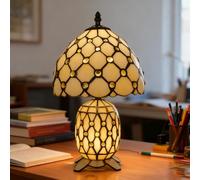 GDLight Lampe de Table Style Tiffany méditerranéenne 8 Pouces en vitrail avec Perles de Cristal, veilleuse de Bureau pour Maison, Chambre, Salon, Bureau, café, Bar,Beige
