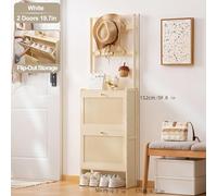 GdloWOoc Hall Tree Portemanteau autonome multifonction avec rangement à chaussures, porte d'armoire rabattable pour chambre à coucher, couloir, entrée, bureau (blanc, 2 niveaux, L 70,1 cm)