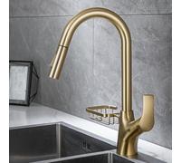 GDMDPTE Robinet de Cuisine mitigeur évier de Cuisine Eau Chaude et Froide poignée Unique avec Panier en Maille Rotation à 360° 1 Trou Bec pivotant Or brossé