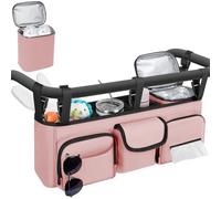 GDNasist Organiseur double pour poussette compatible avec Bob Duallie et Baby Jogger City Mini GT2, accessoires de poussette double avec sac isotherme, console parentale, double sac de jogging, rose