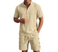 Gdqzzeaiix Chemise+Lin+Homme,Costume Homme Élégant en Lin avec Chemise à Col Montant et Short Coordonné Tenue Estivale Légère et Respirante pour Un Confort Optimal