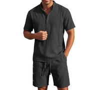 Gdqzzeaiix Chemise+Lin+Homme,Costume Homme Élégant en Lin avec Chemise à Col Montant et Short Coordonné Tenue Estivale Légère et Respirante pour Un Confort Optimal
